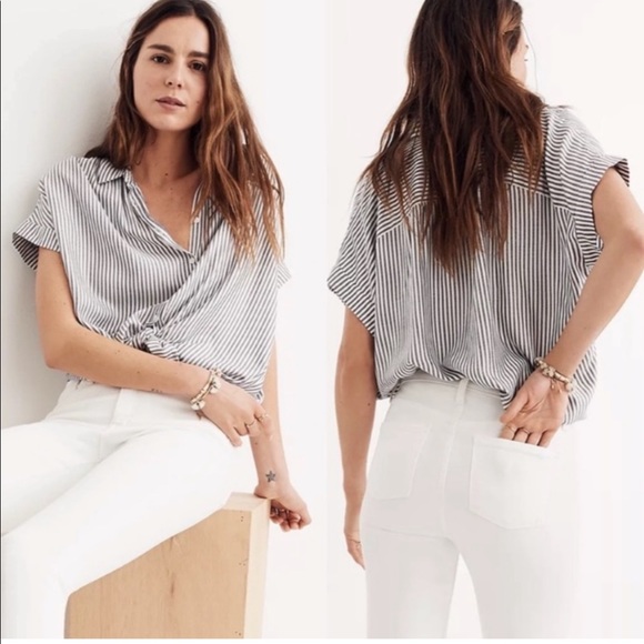 MADEWELL Central Stripe Button Down Oversized Shirt Cap Sleeve XXS - Picture 2 of 8